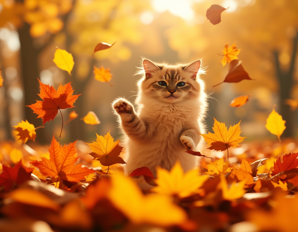 Cat jumps joyfully into a pile of autumn leaves, scattering vibrant colors and radiating playful energy.